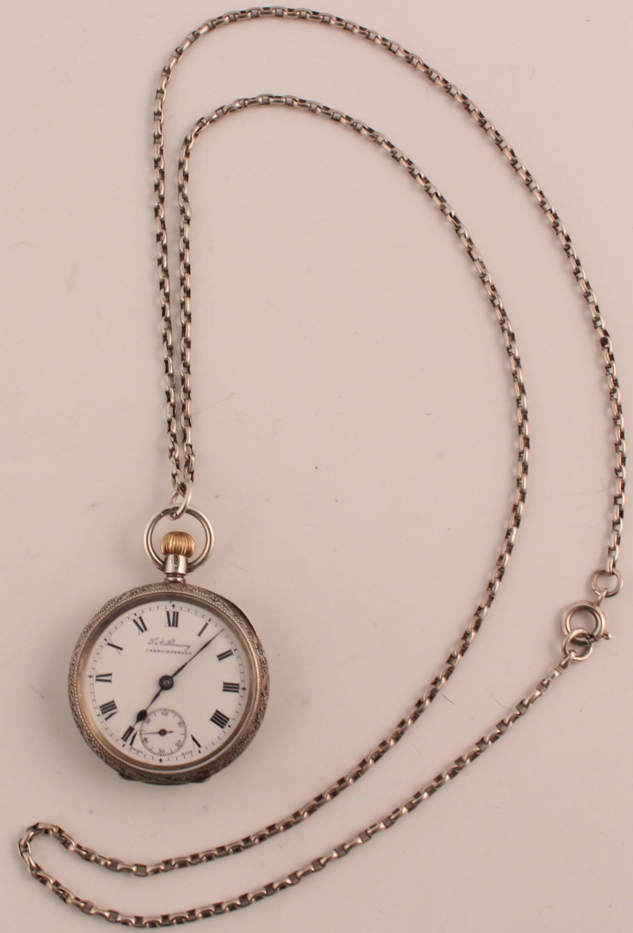 Antique Swiss, Omega, silver fob watch on 27inch silver chain Ian